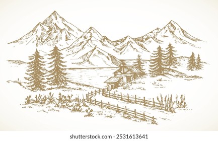 Berghütte Skizze rustikale Landschaftsdarstellung. Handgezeichnete Vektorberge, See, Wald und Straße Doodle. Gravieren Stil im Freien Kiefer Holz Chalet Zeichnung. Einzeln