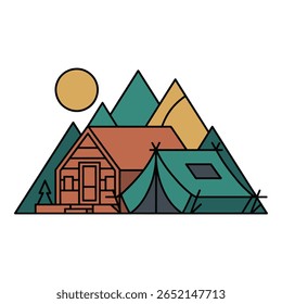 Cabana de Montanha e tenda Minimalista Linha Arte Ilustração Natureza Pacífica Cena Aventura Conceito de Viagem