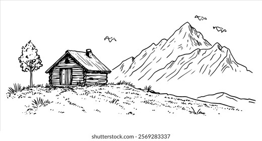 mountain cabin with tree and scenic peaks hand drawn doodle sketch