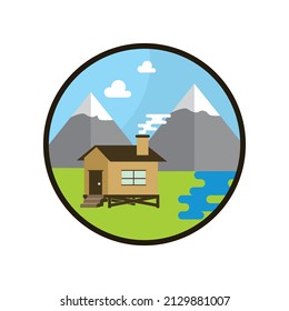 Mountain and cabin vector icon illustration