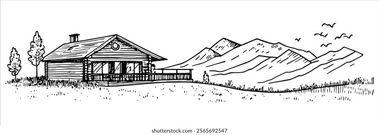 mountain cabin with wooden terrace and scenic view illustration