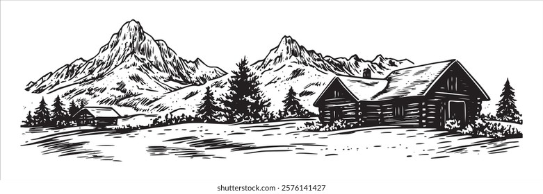 mountain cabins with pine trees and peaks in black and white hand-drawn style