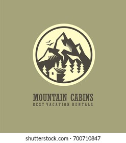 Mountain cabins and rentals round logo template with mountain landscape and wooden cabin. Adventure and hiking logo design concept.