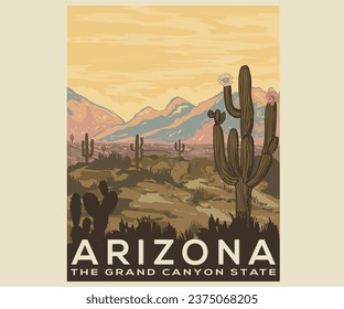 Mountain with cactus flower artwork. Desert adventure vintage print design for t shirt and others. Arizona national park graphic artwork for sticker, poster, background.