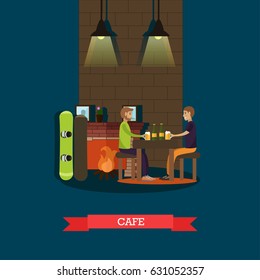 Mountain cafe vector illustration. Snowboarders males sitting at fireplace and drinking beer flat style design element.