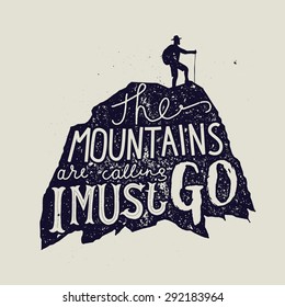 mountain calligraphy. hiker silhouette. vector illustration