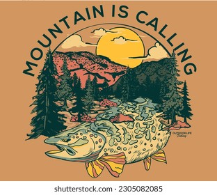 Mountain is calling. Fish with mountain graphic print design for t shirt , sticker, posters and others. Mountain lake artwork design.