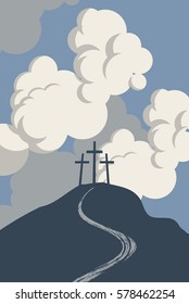 mountain Calvary with three crosses with sky and clouds