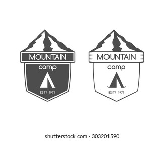 Mountain camp badge, logo and label template. Travel, hiking, climbing style. Outdoor monochrome and line design. Best for adventure sites, travel blogs etc. On white background. Vector illustration