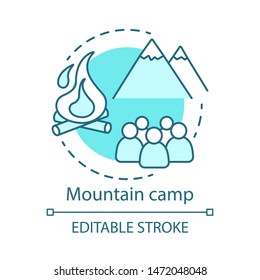 Mountain camp concept icon. Summer hiking and camping club. Holiday resort idea thin line illustration. Travelling in mountain, rock climbing. Vector isolated outline drawing. Editable stroke