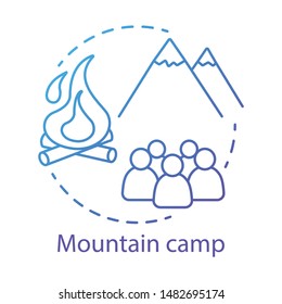 Mountain camp concept icon. Summer hiking and camping club, holiday resort idea thin line illustration. Travelling in mountain, rock climbing. Vector isolated outline drawing. Editable stroke