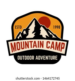 Mountain camp emblem template. Design element for poster, logo, label, sign, badge. Vector illustration