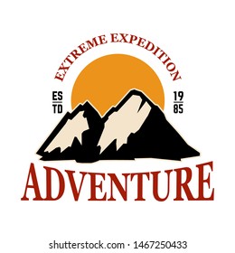 Mountain camp emblem template. Design element for poster, logo, label, sign, badge. Vector illustration
