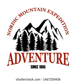 Mountain camp emblem template. Design element for poster, logo, label, sign, badge. Vector illustration