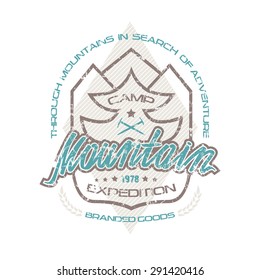 Mountain camp emblems with shabby texture. Graphic design for t-shirt. Color print on white background