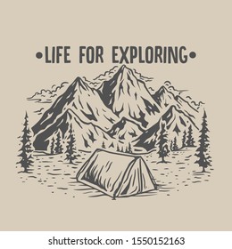 mountain camp hand drawn style