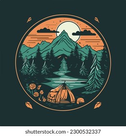 Mountain camp hiking evergreen pine forest and river scene vintage badge logo vector illustration