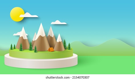 Vector de arte de corte de papel de origami de campamento de montaña. El paisaje de los fondos de viajes de verano se convierte en un paisaje en 3d. Bosque de árboles de abeto e ilustración de diseño de tiendas de turismo