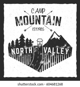 Mountain camp poster. North valley sign with rv trailer. Classic design. Outdoor adventures logo, retro colors. Graphic print design, tee shirt prints template. Vintage label, vector.