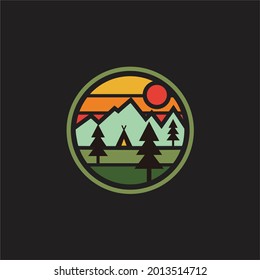 Mountain, Camp and Sun for Hipster Adventure logo design . Vector graphic for t shirt and other uses.