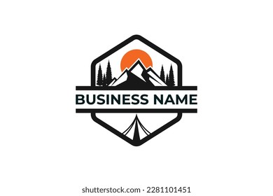 mountain camp with sunset Hiking adventure Mountain Outdoor wilderness travel logo