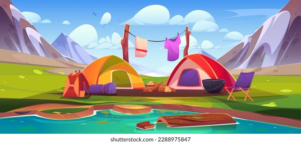 Campo de montaña con tiendas de campaña y fogata cerca del lago. Dibujo vectorial de un hermoso paisaje rocoso bajo el cielo azul de verano. Mochilas de viaje, alfombras, equipo de picnic en la orilla del río. Viajes de fin de semana