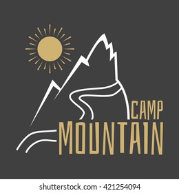 Mountain camp. Vector emblem or logo of the mountain camp. The inscription on the background of mountains.