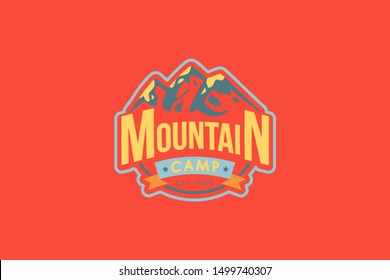 Mountain camp vector logo template. Rocks illustration with typography. Mountaineering retro badge