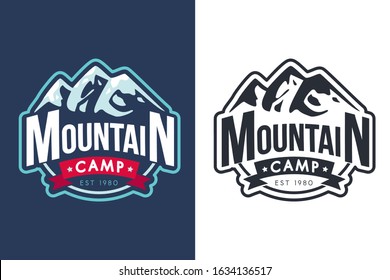 Mountain camp vector monochrome logo template. Mountaineering, tourism, ski resort retro badge