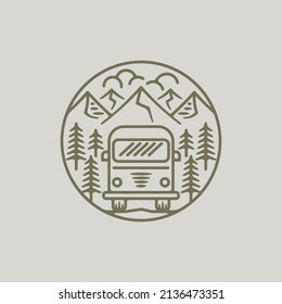 Mountain and Camper van in line art style. Badge of summer camping holiday symbol for adventure, wanderlust. Adventure symbol in line style, monoline