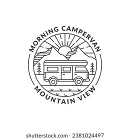 mountain and campervan badge vector illustration. morning mountain and campervan monoline or line art style. design can be for T-shirts, sticker, printing needs