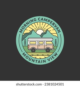 mountain and campervan badge vector illustration. morning mountain and campervan monoline or line art style. design can be for T-shirts, sticker, printing needs