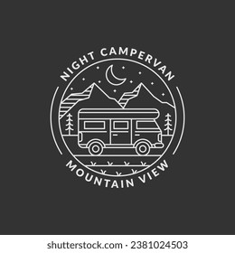 Gebirge und Campervan-Abzeichen, Vektorgrafik. Nachtberg und Campervan Monoline oder Line Art. Design kann für T-Shirts, Aufkleber, Druckanforderungen
