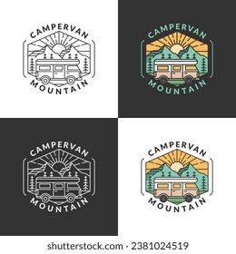 ilustración vectorial de placa de montaña y campervan. monolina matutina de montaña y campervan o estilo de arte de línea. el diseño puede ser para camisetas, autoadhesivos y necesidades de impresión