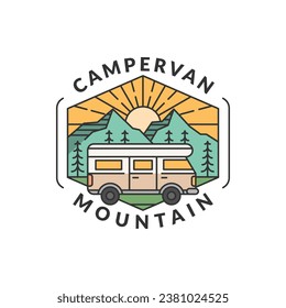 mountain and campervan badge vector illustration. morning mountain and campervan monoline or line art style. design can be for T-shirts, sticker, printing needs