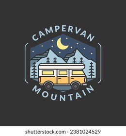 mountain and campervan badge vector illustration. night mountain and campervan monoline or line art style. design can be for T-shirts, sticker, printing needs