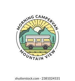 Gebirge und Campervan-Abzeichen, Vektorgrafik. Morgenberg und Campervan Monoline oder Line Art. Design kann für T-Shirts, Aufkleber, Druckanforderungen