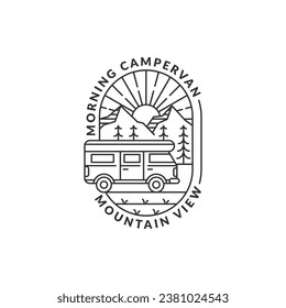 Gebirge und Campervan-Abzeichen, Vektorgrafik. Morgenberg und Campervan Monoline oder Line Art. Design kann für T-Shirts, Aufkleber, Druckanforderungen