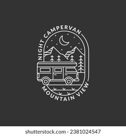mountain and campervan badge vector illustration. night mountain and campervan monoline or line art style. design can be for T-shirts, sticker, printing needs