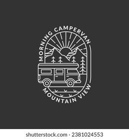 mountain and campervan badge vector illustration. morning mountain and campervan monoline or line art style. design can be for T-shirts, sticker, printing needs