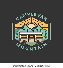 ilustración vectorial de placa de montaña y campervan. monolina matutina de montaña y campervan o estilo de arte de línea. el diseño puede ser para camisetas, autoadhesivos y necesidades de impresión
