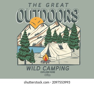 Mountain campfire vintage graphic print for t shirt, apparel, sticker, batch, background, poster and others.