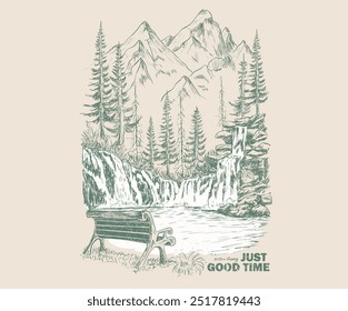 Mountain camping. Adventure at the mountain graphic artwork for t shirt and others. River and waterfall with hill artwork. Mountain with tree vintage print design. good life. Bench hand sketch.