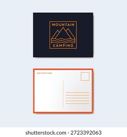 Diseño de postal de Vector de aventura de camping de montaña, Plantilla de diseño con Elementos modernos, diseño frontal y posterior con arte de línea naranja y diseño de viaje y fondo abstracto