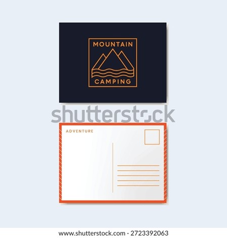 Mountain Camping Adventure Vector postcard Design, layout template with modern elements, Front and Back Design with Orange Line Art and Travel Layout and abstract background
