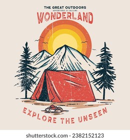 Acampada de montaña. Diseño de impresión de aventuras vintage para camisetas y otros. Parques nacionales de arte gráfico para pegatinas, afiches y fondo. Camping en ambientes naturales, Montaña, ilustraciones vectoriales.