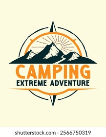 Mountain camping. Adventure vintage print design for t shirt and others. National park graphic artwork for sticker, poster, background.