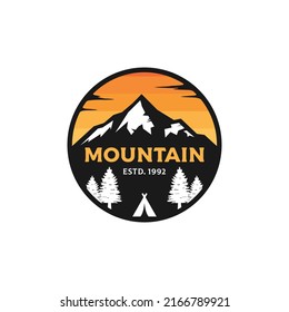 Mountain camping badge logo design vector illustration