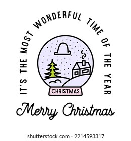 Mountain Camping christmas badge design with winter ball in line art style and quote Merry Christmas. Travel logo graphics. Stock vector label