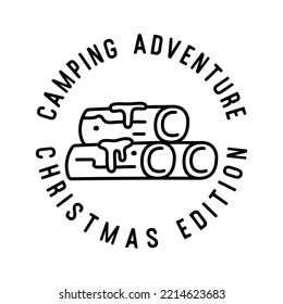 Mountain Camping christmas badge design with woods in line art style and quote camping adventure Christmas edition. Travel logo graphics. Stock vector label